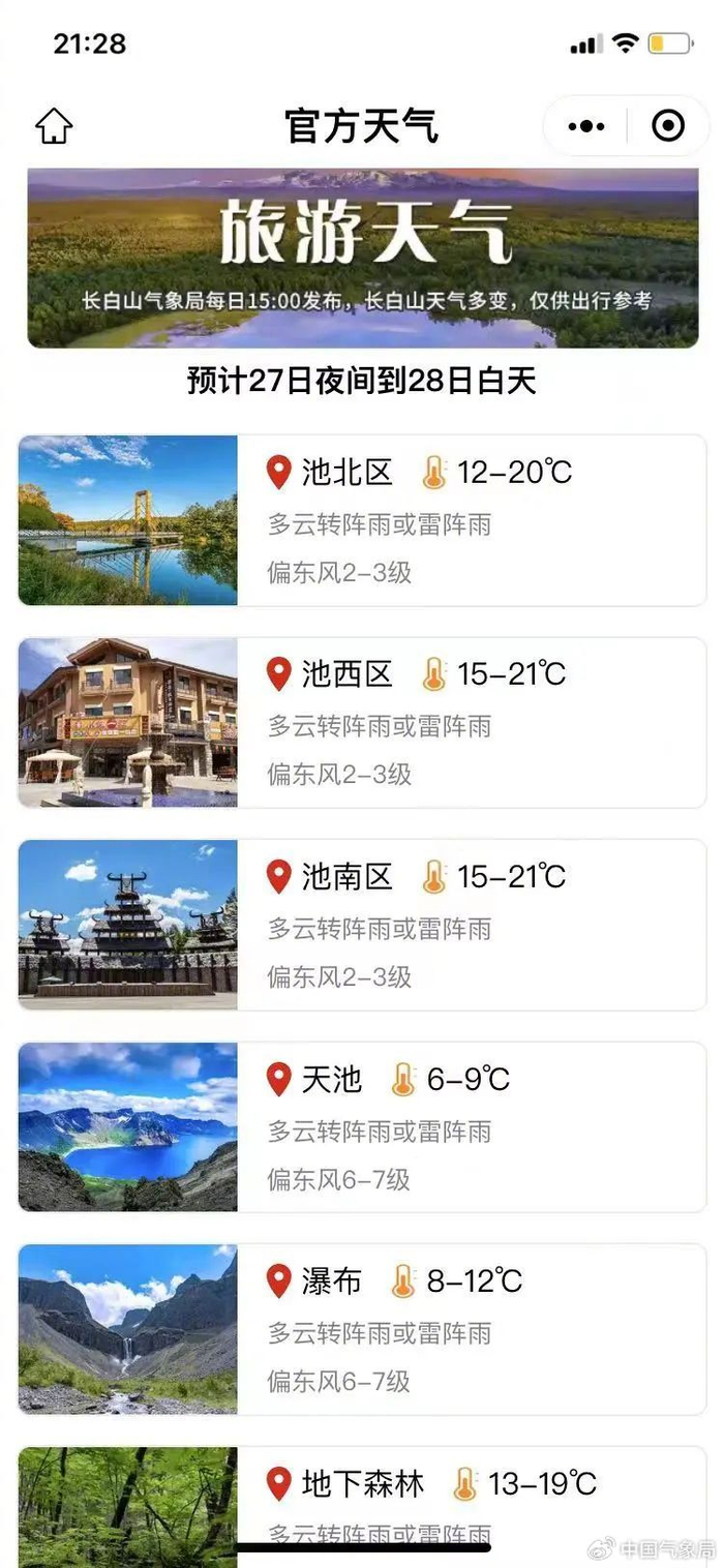 “智游长白山”微信公众号中的“旅游天气”模块