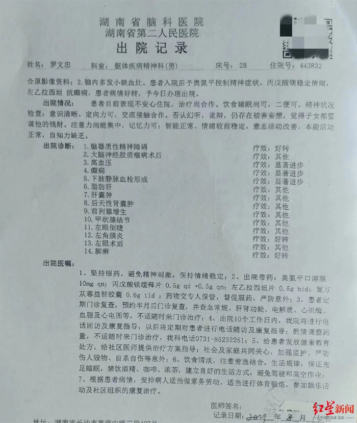 湖南省第二人民医院出院记录