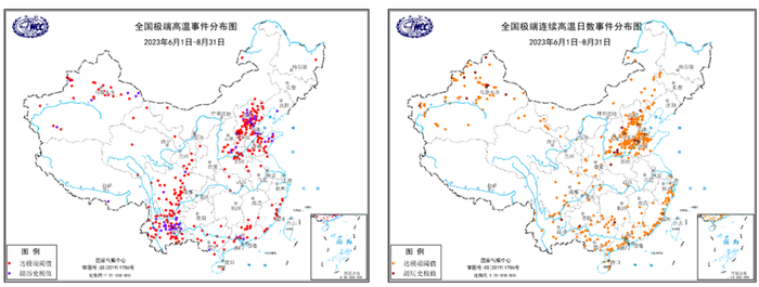 图52023年夏季全国极端高温（左）及极端连续高温日数事件（右）分布