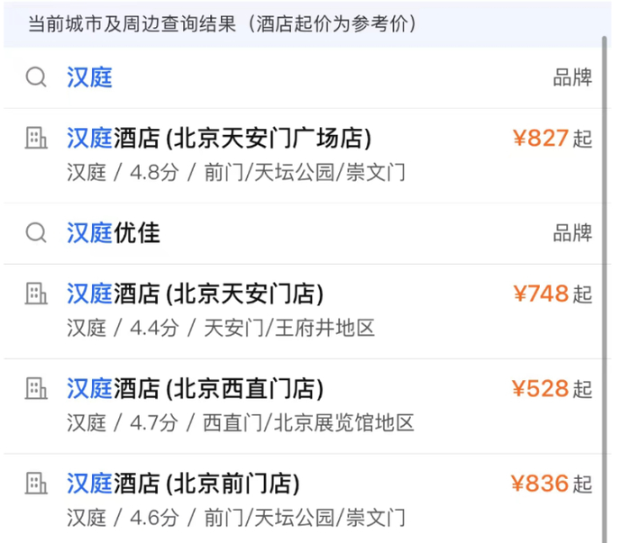携程平台上北京汉庭酒店价格截图