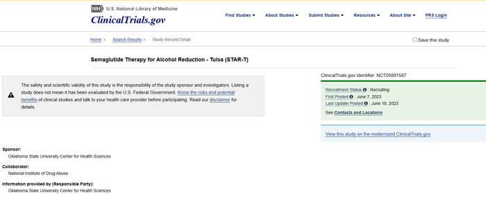 （注：俄克拉荷马州立大学司美格鲁肽治疗酒精成瘾试验）