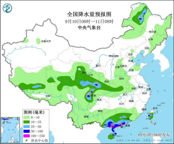 图2 全国降水量预报图（9月10日08时-11日08时）