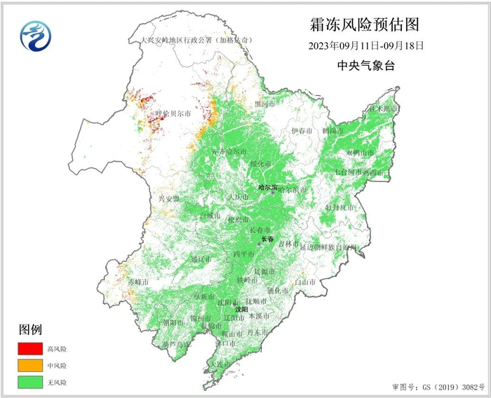 图2  2023年9月11日至18日东北地区霜冻风险预估图