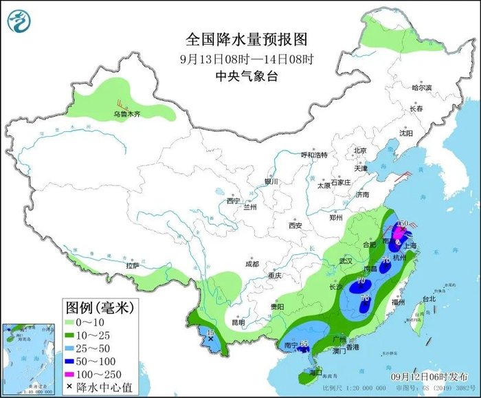 图3 全国降水量预报图（9月13日08时-14日08时）