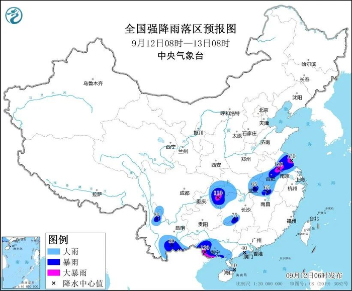 &nbsp;图1&nbsp;全国强降雨落区预报图（9月12日08时至13日08时）