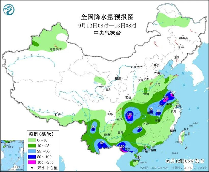 图2 全国降水量预报图（9月12日08时-13日08时）