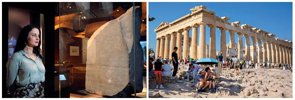 左图：2022年10月，一名工作人员在大英博物馆内欣赏罗塞塔石碑。右图：希腊雅典的帕特农神庙。