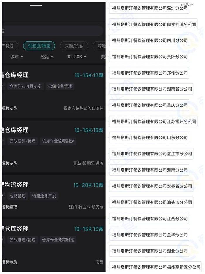 塔斯汀子仓库招聘&子公司  图源：作者制图