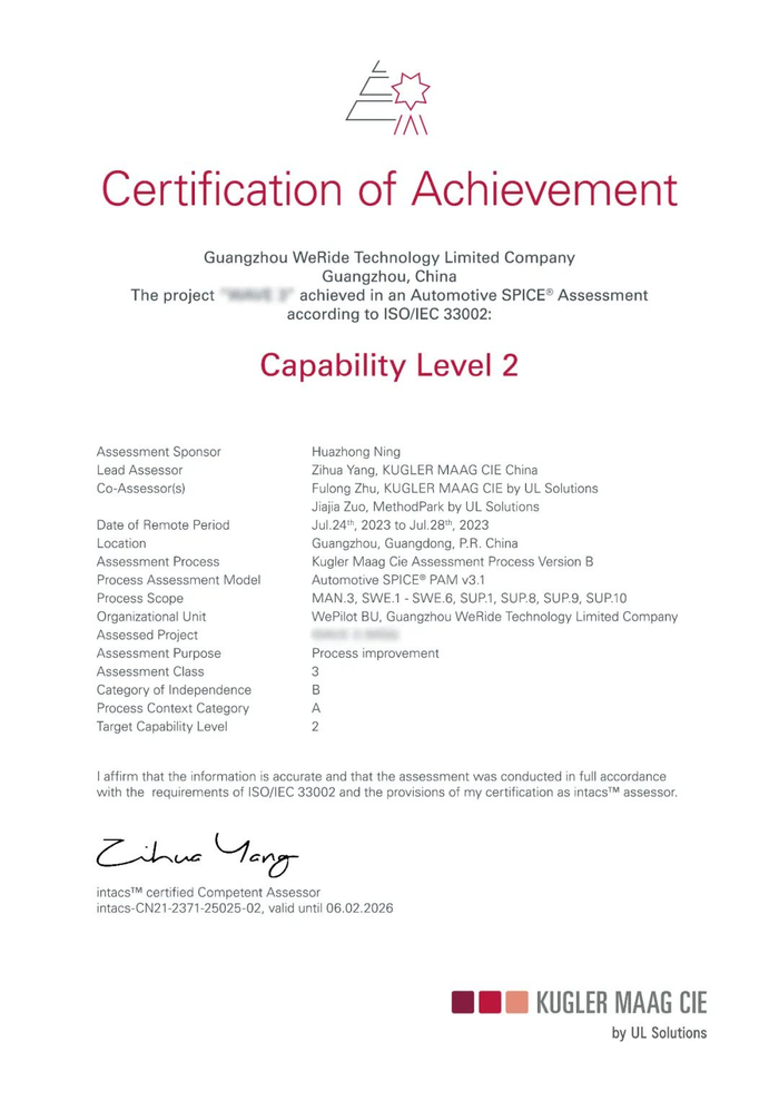 文远知行ASPICE CL2认证证书