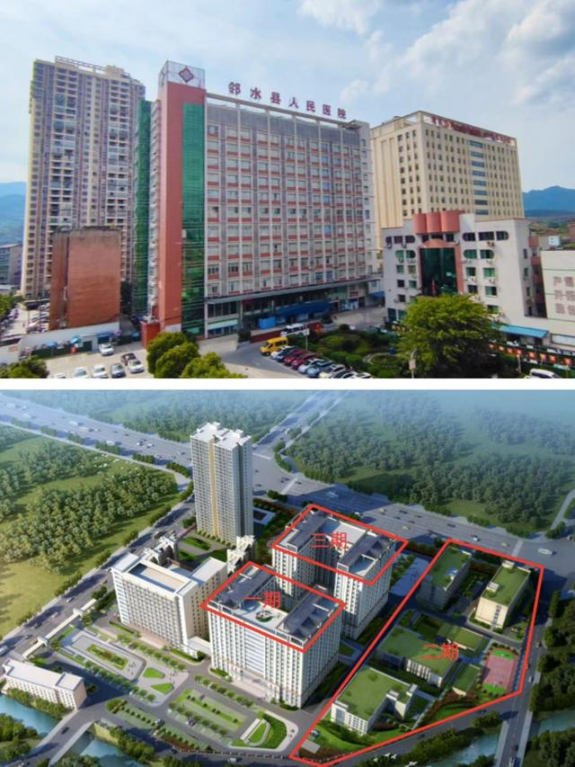 ▲院区实景图（上）及扩建计划（下）／图源 邻水县人民医院