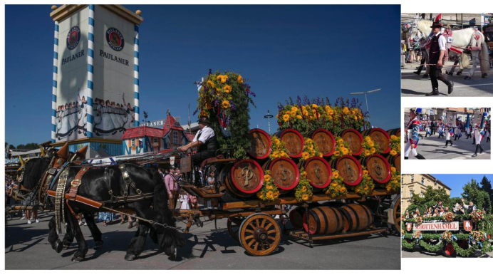 图：2023慕尼黑啤酒节花车和盛装流行场面