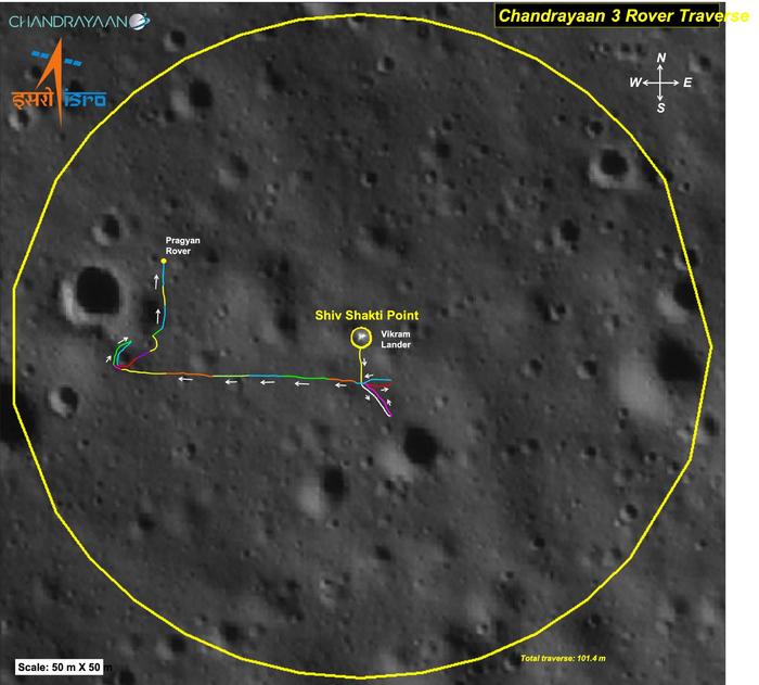 ISRO发布的“普拉吉安”月球车行驶轨迹