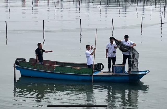 工作人员正在捕捞第一篓阳澄湖大闸蟹。 新京报记者 王思炀 摄