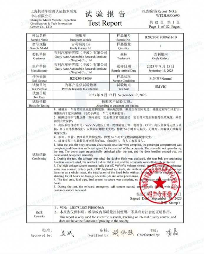 吉利银河L6三车高速连环“魔鬼碰”试验报告。 吉利汽车供图 华龙网发