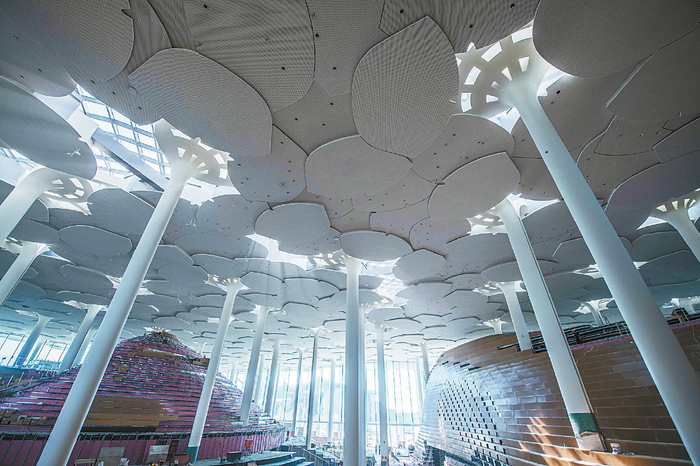 北京城市图书馆天花采用了银杏叶片堆叠的造型，馆内的144根立柱宛如银杏树干。 本报记者 潘之望 摄