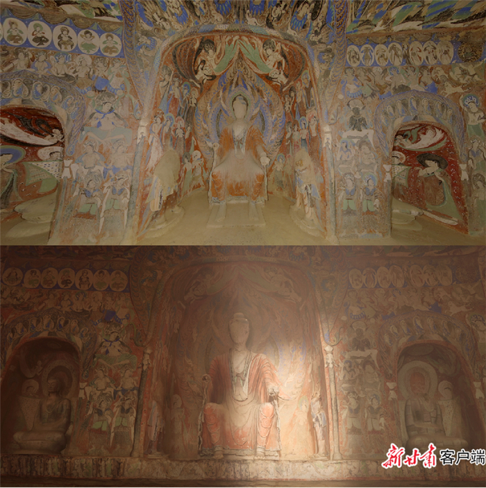 上图：数字敦煌－莫高窟285窟实景；下图：寻境敦煌－游戏引擎渲染场景。