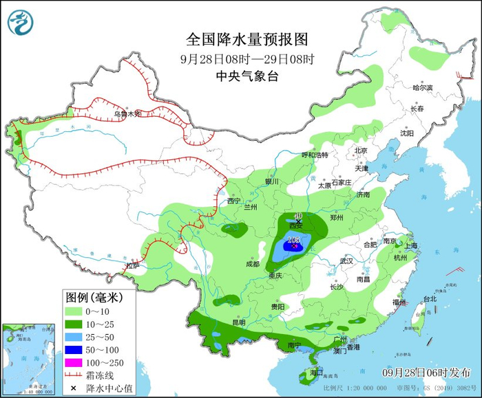 图1 全国降水量预报图（9月28日08时-29日08时）