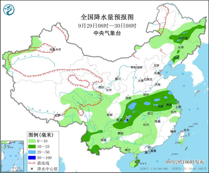 图2 全国降水量预报图（9月29日08时-30日08时）