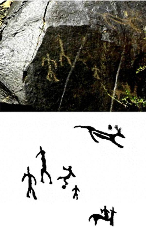 上图为“蹴鞠”岩画，下图为“蹴鞠”岩画的线描图