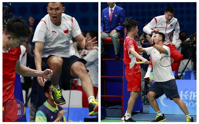 翁泓阳拿下最后一分后，体能教练刘杰（白衣）跳进场内拥抱庆祝。  图/新华社