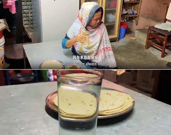 图为纪实短片截图:上图为水质改善前,饮用水发黄浑浊;下图为水厂建成后,水质明显改善。