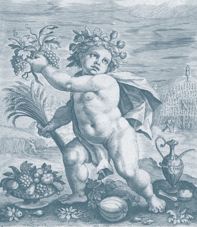 巴克斯身兼罗马神话中的酒神、水果之神和农业之神，与古希腊神话中的狄俄尼索斯地位相当，16世纪（《果园小史》内页插图）。
