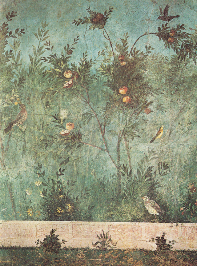 罗马莉薇娅别墅内的一幅壁画，制造出身处花园之中的幻觉，公元1世纪（《果园小史》内页插图）。