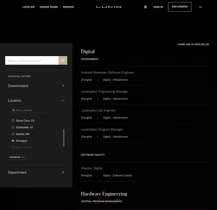 此前Lucid官网更新的招聘信息显示工作地点位于上海 来源：Lucid