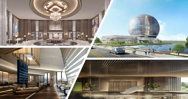 左上：越秀宾馆，希尔顿格芮精选酒店； 左下：珠海横琴希尔顿逸林酒店； 右上：湖州南浔希尔顿酒店； 右下：南京牛首山希尔顿酒店