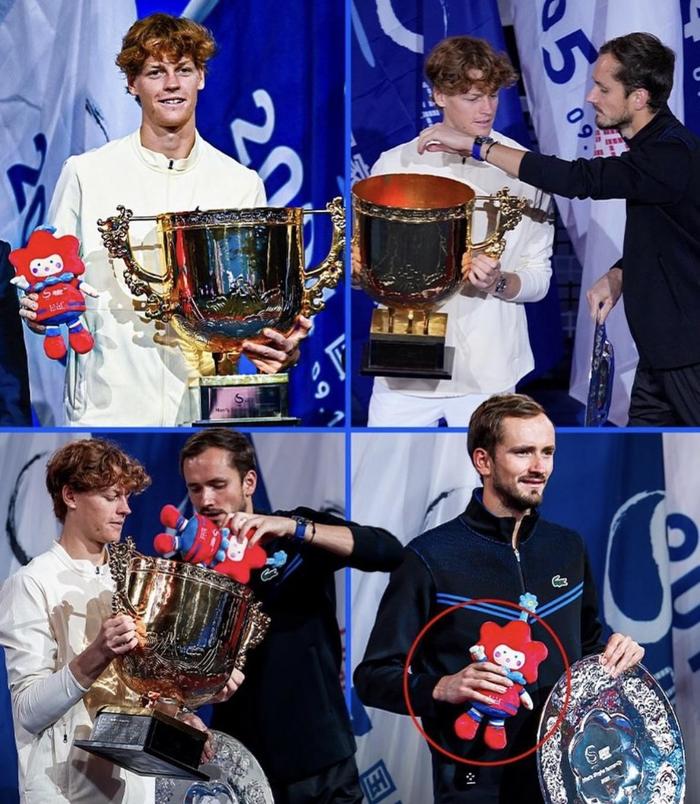 （2023中网男单冠军辛纳与梅德韦杰夫参加颁奖典礼仪式发生的有趣一幕）