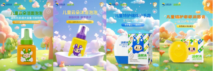 图说-儿童云朵洁面泡泡、儿童云朵沐浴泡泡、儿童特护绵绵护手霜、儿童特护嘟嘟润唇膏（从左至右）