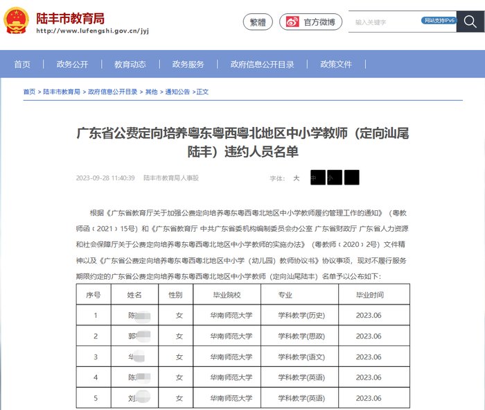 广东省公费定向培养粤东粤西粤北地区中小学教师（定向汕尾陆丰）违约人员名单。图片来源：陆丰市教育局