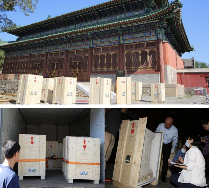 7根石柱运抵圆明园完成文物点交入库