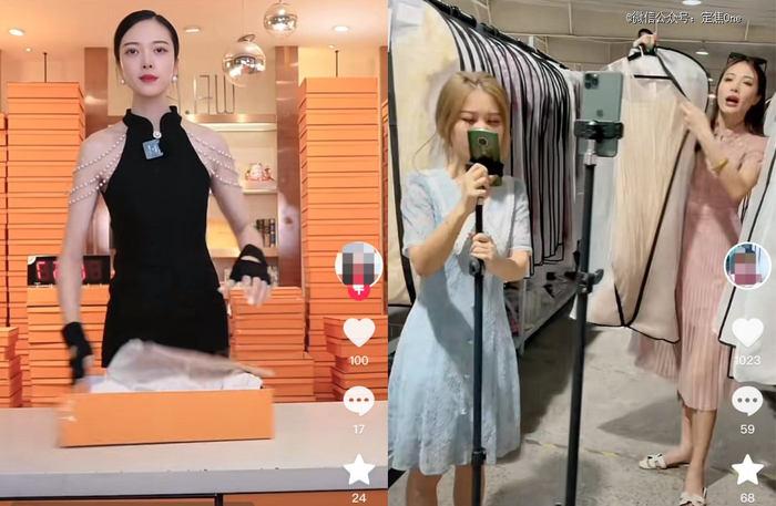 左图为郑香香现在的过品直播，右图为郑香香此前在仓库直播