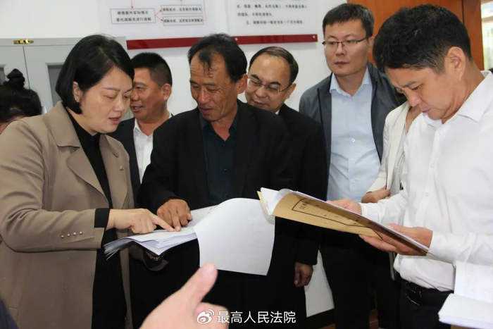 图为代表委员们正在仔细浏览盘古山法庭诉调对接材料。