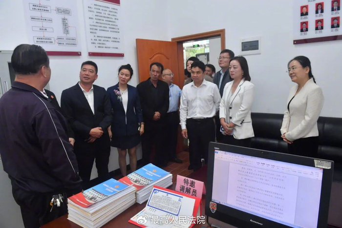 图为代表委员们与盘古山法庭的特邀调解员沟通交流。