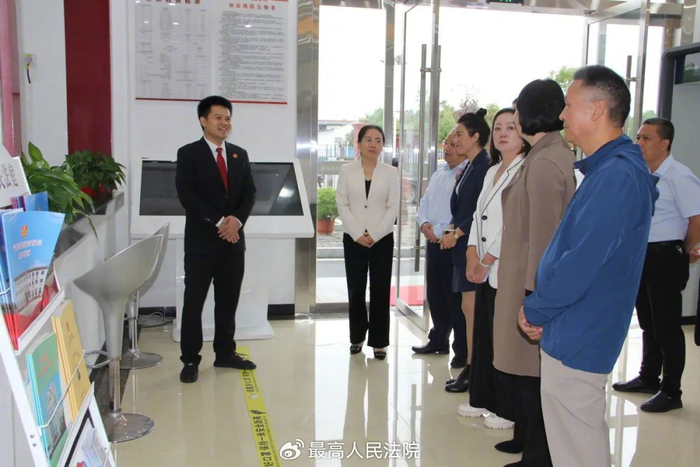 图为盘古山人民法庭庭长张志江在给代表委员们讲解诉服大厅工作。