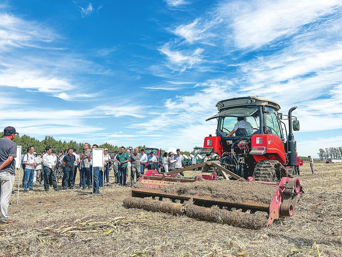 湖南农夫机电有限公司生产的nfz1602履带拖拉机在哈尔滨的玉米地