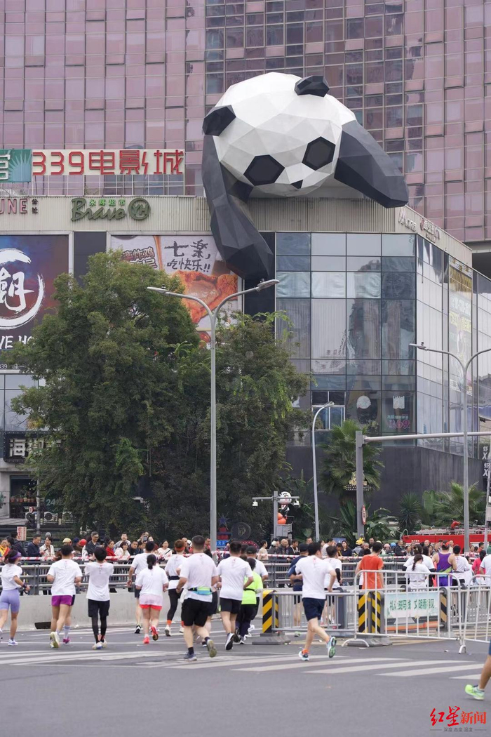 成都马拉松参赛选手经过339天府熊猫塔