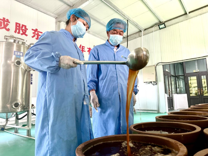 车间内，谢守奎和王琴兰开展青稞醋酿造环节的淋醋工作。