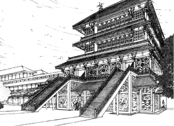 楚章华台主体复原透视图（图 15-3，杨鸿勋：《宫殿考古通论》）。图片来自《楚国兴亡史》。