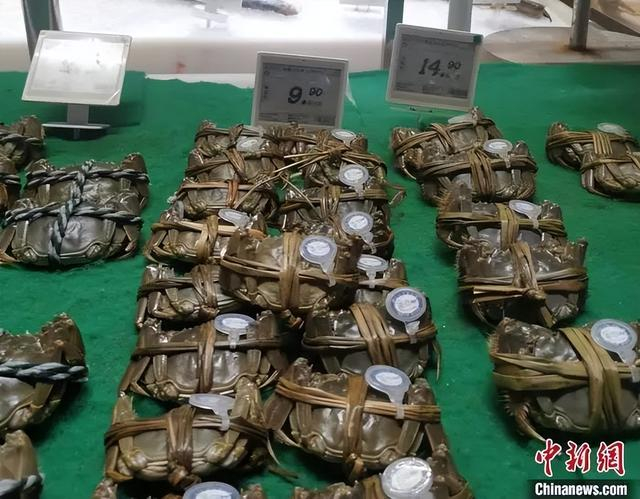 某超市售卖的山东东营大闸蟹。中新网记者 谢艺观 摄