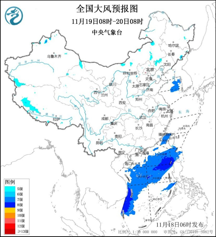 图2 全国大风预报图（11月19日08时-20日08时）
