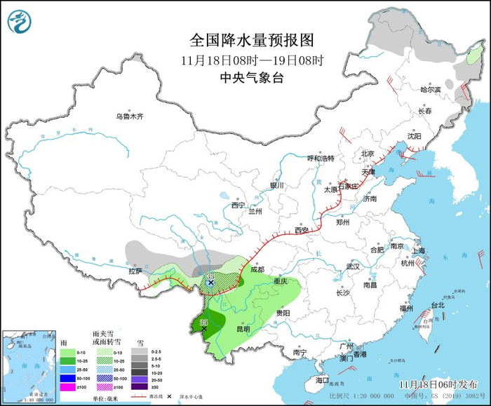 图3 全国降水量预报图（11月18日08时-19日08时）
