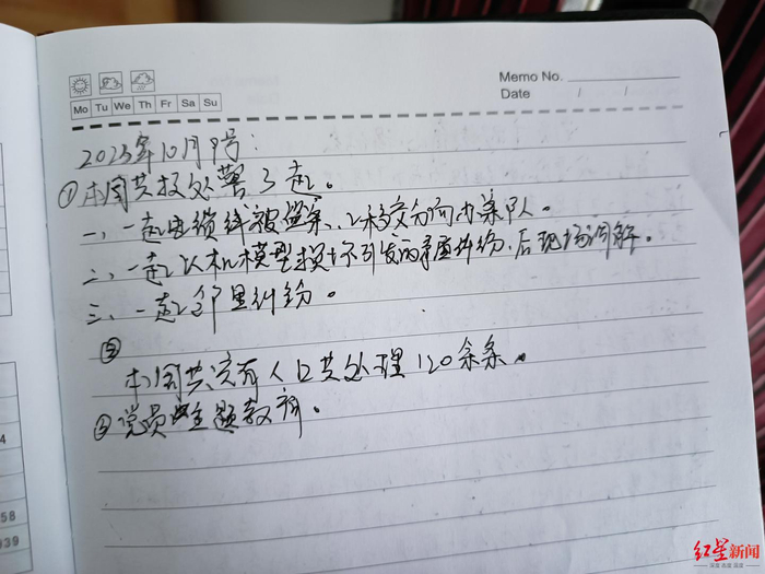 ▲杨小兵笔记本上写下的工作记录