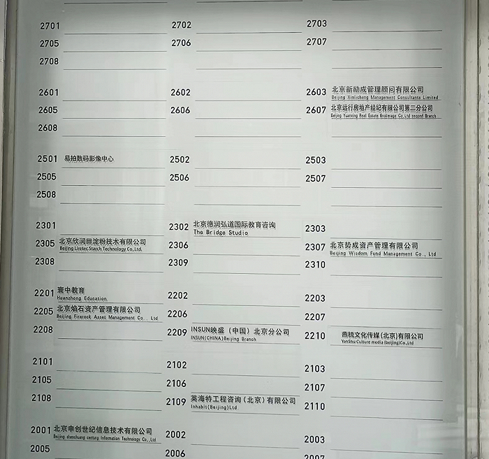 图 | 建外soho大部分办公室空置的写字楼指示牌，剩下的很多都被做贷款的租了