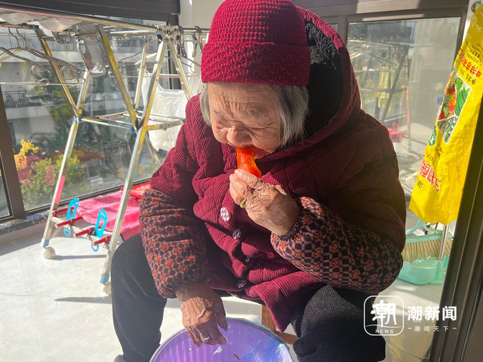老太太在阳台上吃柿子。 图源：潮新闻