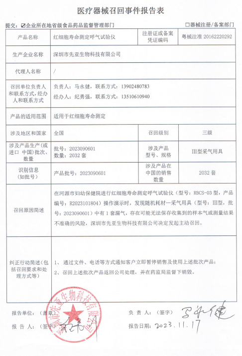 深圳市先亚生物科技有限公司对红细胞寿命测定呼气试验仪主动召回