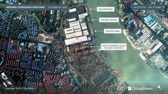 CSIS的卫星图像关注我沪东中华造船厂，但除了075型两栖攻击舰以外都没有标注正确