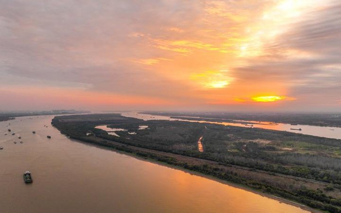 长江新济洲日落时分景色（11月13日摄，无人机照片）。记者 季春鹏 摄
